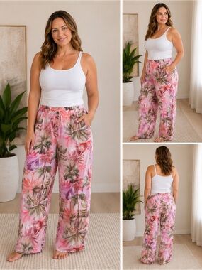 Sussan Pink Tropical Palm Print Wide Leg Pants